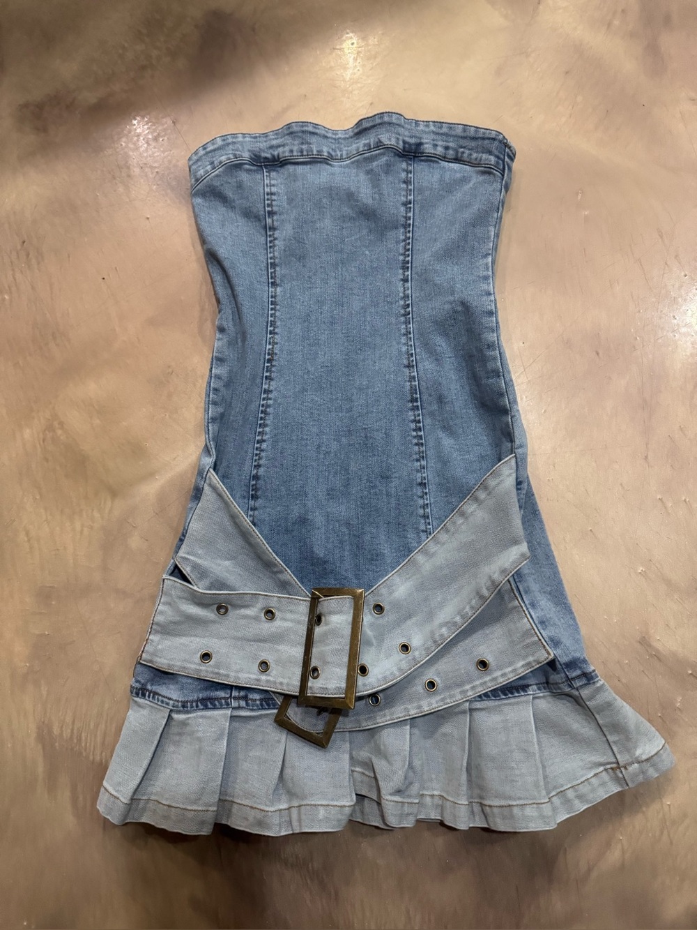 Light Blue Denim Strapless Mini Dress with Belt